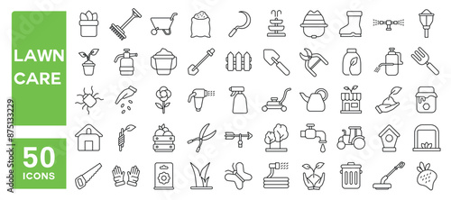 Set of 50 line icons related to lawn care, gardening, seeding, landscaping, horticulture,  Editable stroke. Vector illustration
