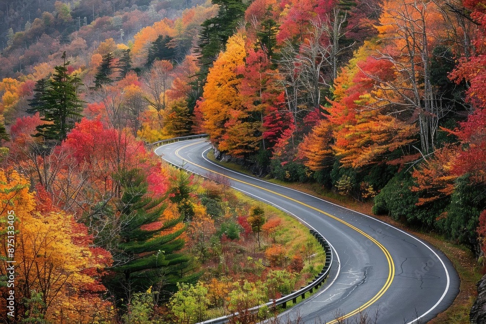 Serene winding road amidst vibrant autumn foliage in a scenic forest landscape, perfect for relaxing vacations and nature exploration. Serene winding road amidst vibrant autumn foliage in a scenic forest landscape, perfect for relaxing vacations and nature exploration.
