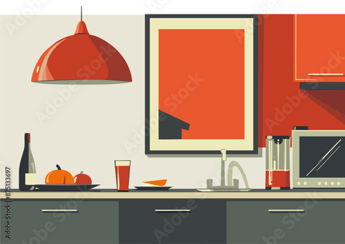 Flat vector Kitchen interior with furniture and appliances front view.  Original minimal design with solid colors. - 1K