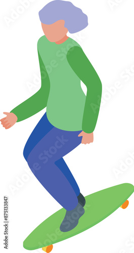 Elderly woman is balancing on a longboard, enjoying her freedom and active lifestyle