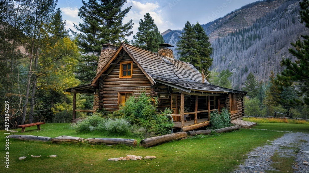 Rustic log cabin in the mountains AI generated illustration Rustic log cabin in the mountains AI generated illustration