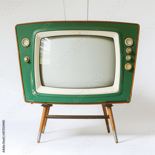 Retro television vintage green cream Midcentury vintage tube TV display nostalgic classic home decor 50s 60s analog broadcast MCM appliance design isolated white background blank plain screen template