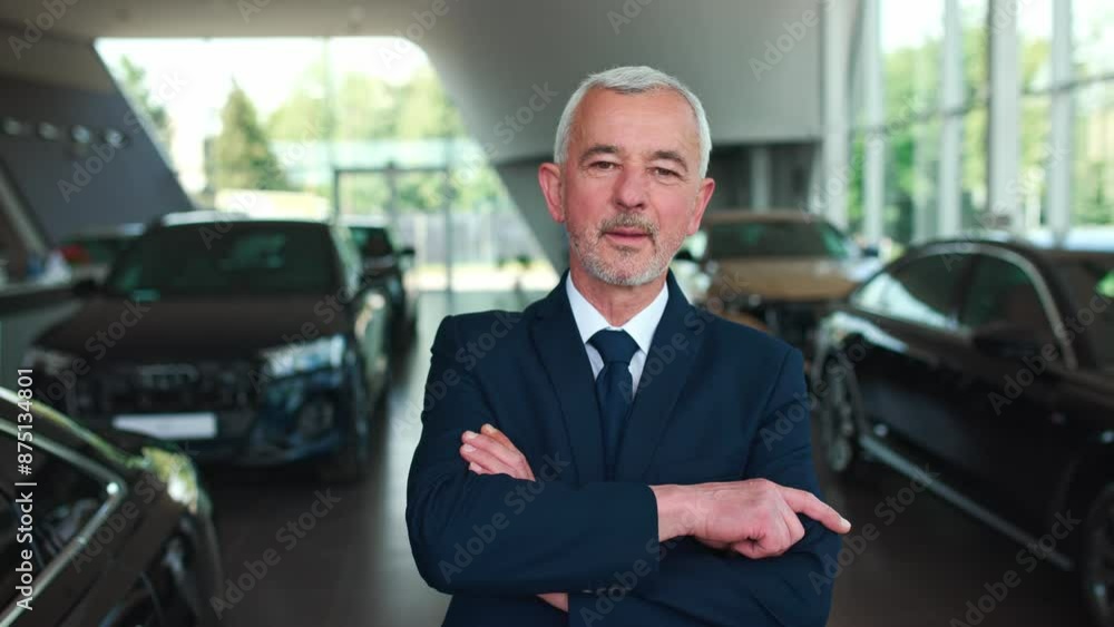 Frontal view of Caucasian salesman in dark suit standing before camera. In background located several cars. Mature worker enjoying working day in auto salon. Ready to help purchasing automobile. Frontal view of Caucasian salesman in dark suit standing before camera. In background located several cars. Mature worker enjoying working day in auto salon. Ready to help purchasing automobile.
