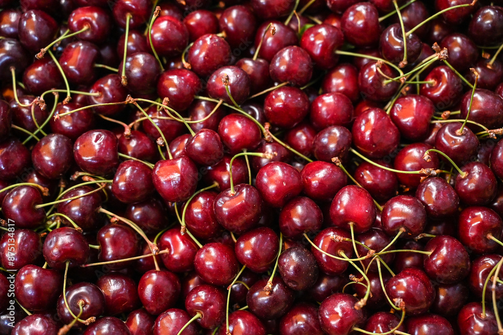 Fresh cherries for sale at the market. Ripe red cherries. Fresh cherries for sale at the market. Ripe red cherries.