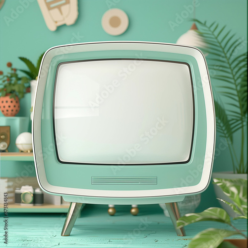 Vintage curvy mint aqua white television mockup blank screen mid-century modern tube tv standing legs template design aesthetic interior decor retro 50s 60s mcm living room plants nostalgia concept photo