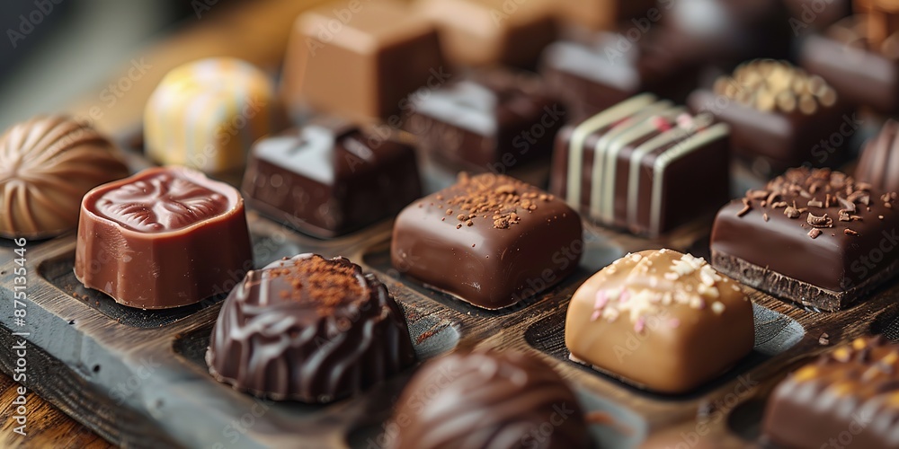 Close-up of assorted gourmet chocolates arranged beautifully on a platter to celebrate World Chocolate Day.Chocolate Day, Dessert, Holiday, Valentine's Day, Promotion Close-up of assorted gourmet chocolates arranged beautifully on a platter to celebrate World Chocolate Day.Chocolate Day, Dessert, Holiday, Valentine's Day, Promotion