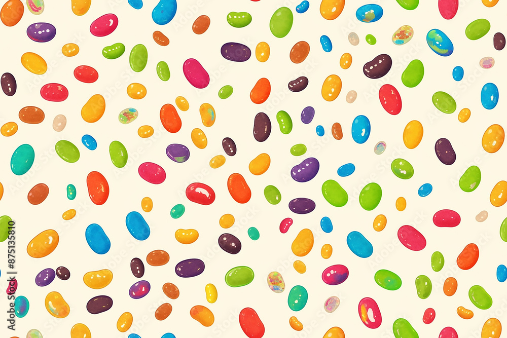 Seamless pattern of colorful jelly beans scattered on a light background. The playful, fun design is perfect for a cheerful, whimsical theme. Seamless pattern of colorful jelly beans scattered on a light background. The playful, fun design is perfect for a cheerful, whimsical theme.