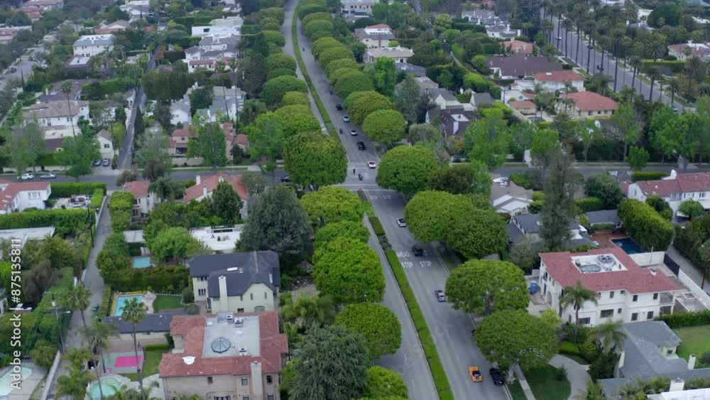 Aerial Forward Scenic Shot Of Houses Amidst Green Trees In Residential City - Beverly Hills, California Aerial Forward Scenic Shot Of Houses Amidst Green Trees In Residential City - Beverly Hills, California