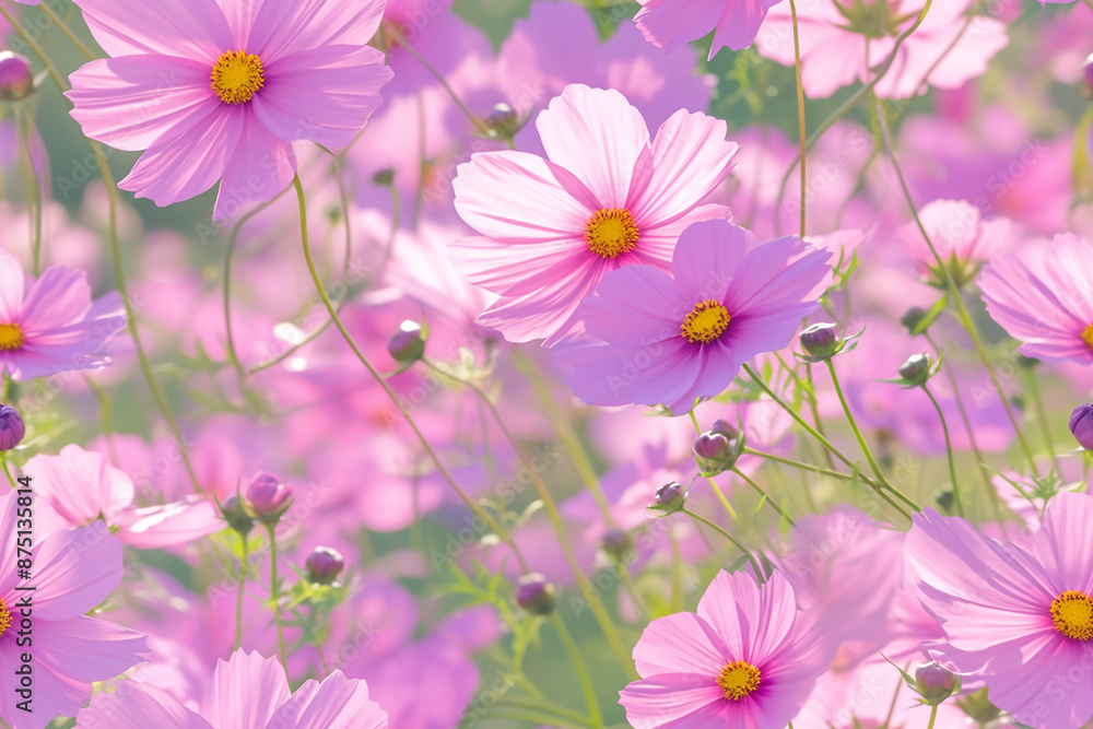 Seamless pattern of pink cosmos flowers with green stems and buds. The soft, dreamy background complements the delicate beauty of the flowers. Seamless pattern of pink cosmos flowers with green stems and buds. The soft, dreamy background complements the delicate beauty of the flowers.