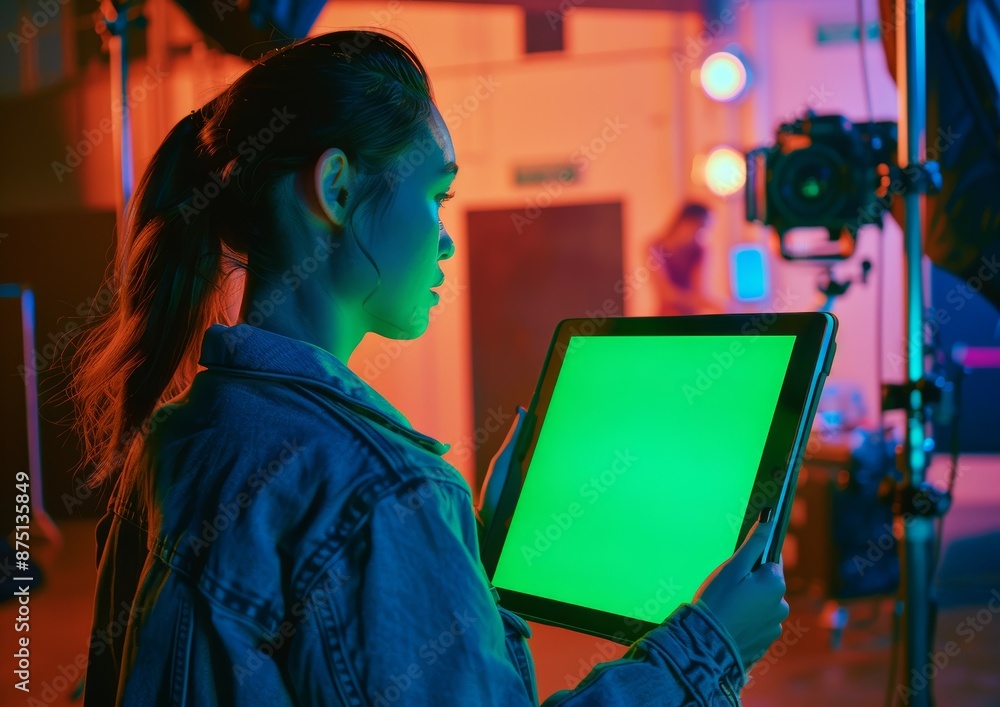 Fototapeta premium Hands Holding Tablet with Green Screen in a Busy Setting