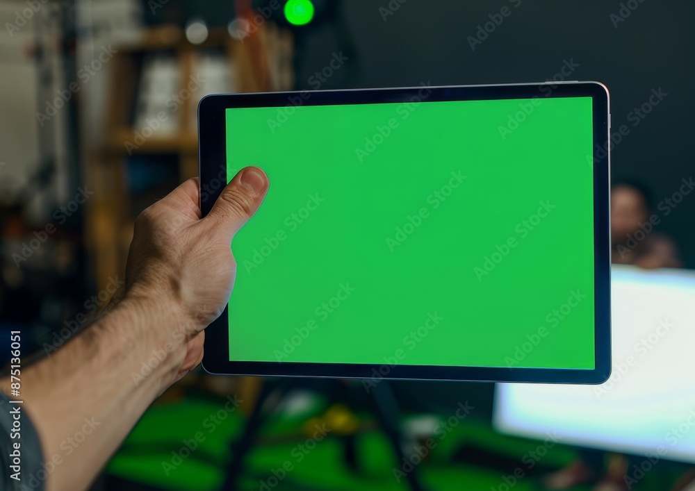 Hands Holding Tablet with Green Screen in a Busy Setting Hands Holding Tablet with Green Screen in a Busy Setting