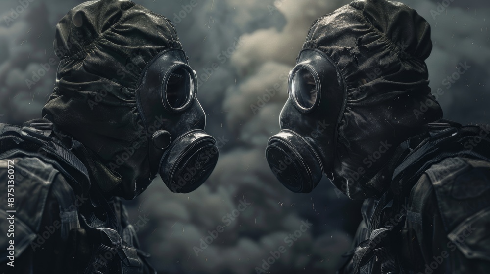 Soldiers in gas masks facing off in a 3D render AI generated illustration Soldiers in gas masks facing off in a 3D render AI generated illustration