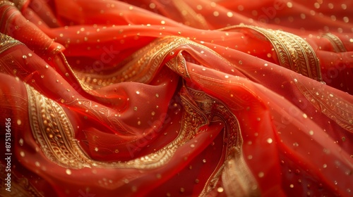 A festive Indian lehenga fabric in bright red-orange and gold. 