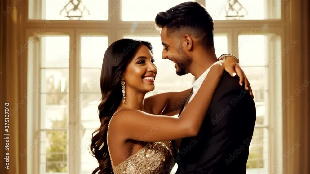 Cheerful young couple in luxury fashionable clothes posing indoors. Cheerful young couple in luxury fashionable clothes posing indoors.