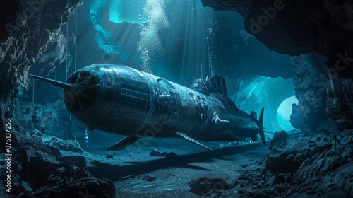 Wallpaper Mural Submarine shaped like a giant fish exploring an underwater cave  AI generated illustration Torontodigital.ca