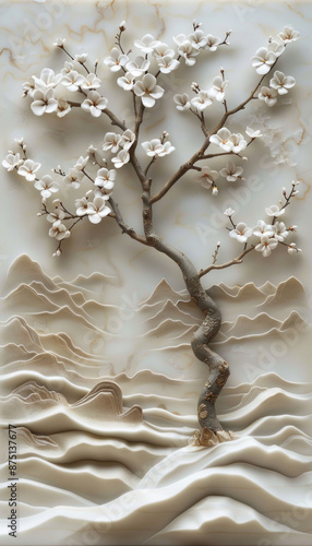 A white marble relief sculpture depicts a tree and mountains
