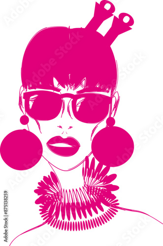Model in fancy extravagant hat, humanoid. Sunglasses, fashion. Pink print