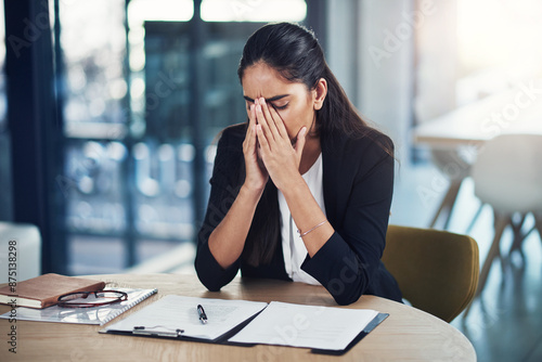 фотографія Business woman, paperwork and lawyer with stress for contract mistake, policy fail and burnout in office