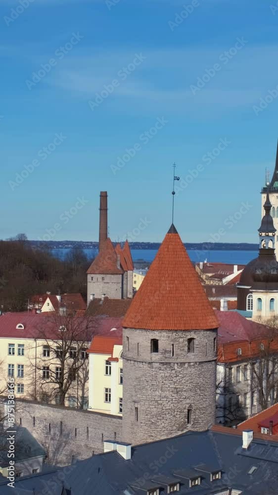 Aerial view of Tallinn Medieval Old Town in day with beautiful sky, Estonia with horizontal pan Aerial view of Tallinn Medieval Old Town in day with beautiful sky, Estonia with horizontal pan