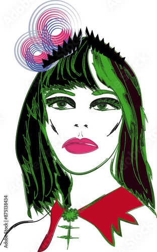 Model in fancy extravagant hat. Green hair strands