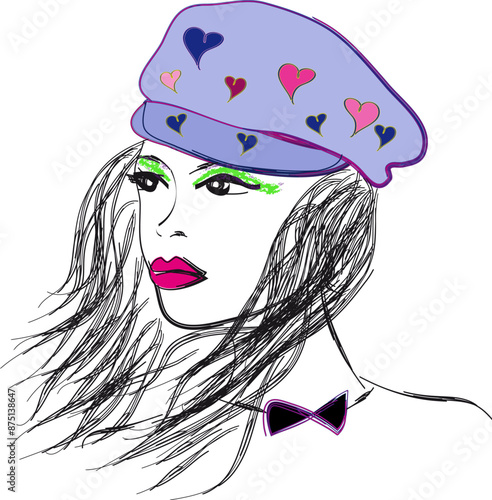 Model in blue visor beret hat, bow tie. Fancy extravagant hearts pattern hat