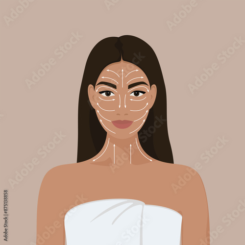 Beautiful young girl, woman taking care of her facial skin. Woman's face with massage lines indicated by arrows, gua sha. Vector flat cartoon illustration EPS10