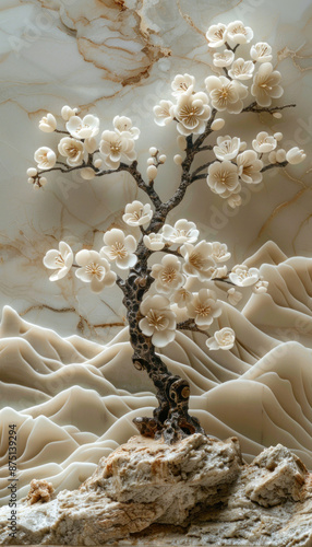 A white marble relief sculpture depicts a tree and mountains
