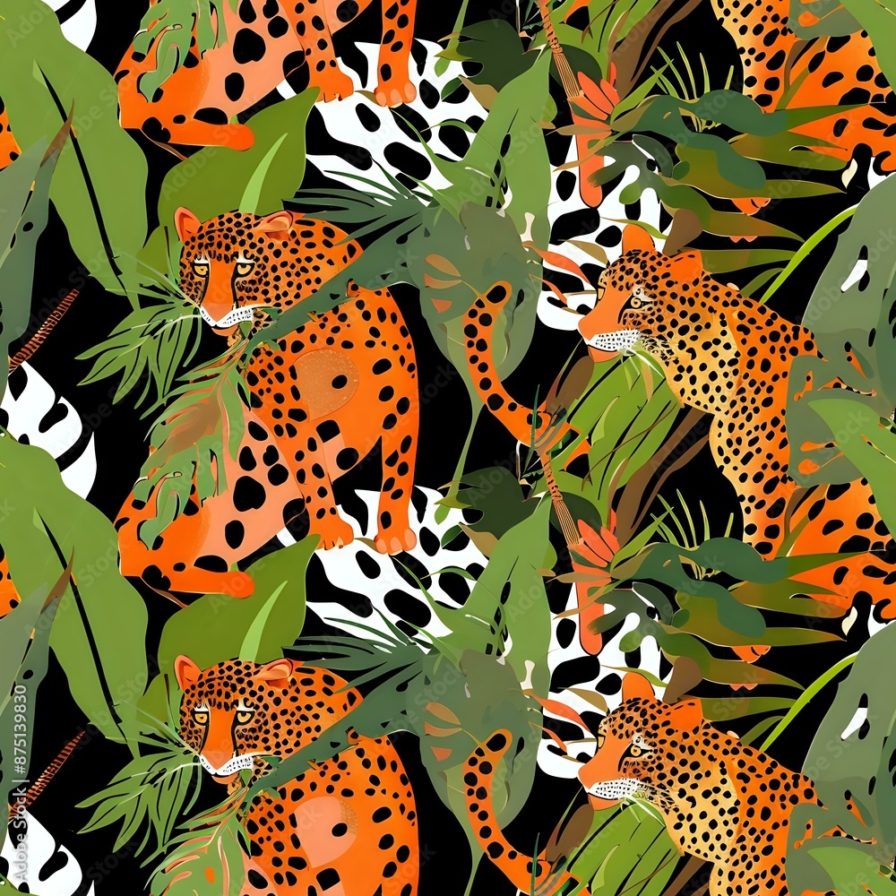 Wild Leopard and Tropical Leaves Background Wild Leopard and Tropical Leaves Background