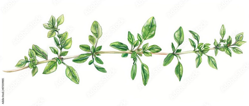 A detailed watercolor depiction of a thyme leaf A detailed watercolor depiction of a thyme leaf