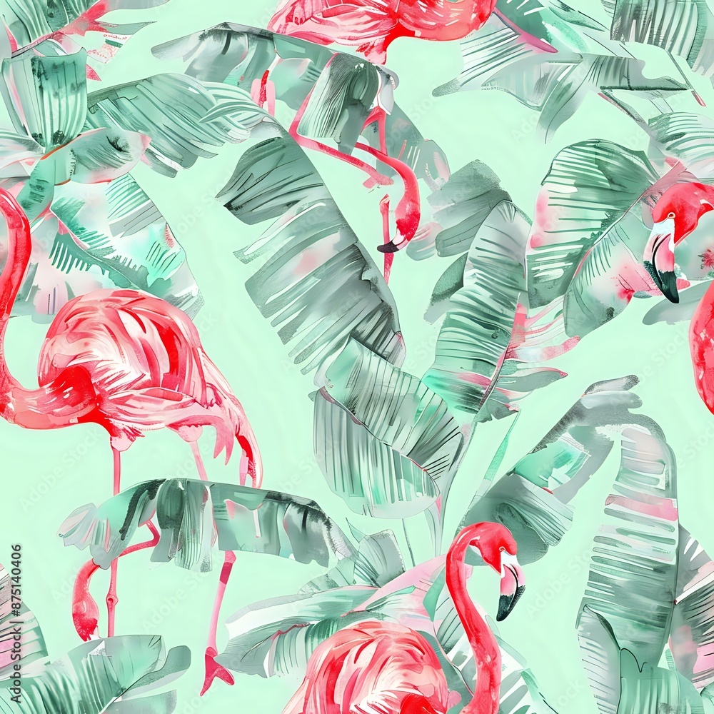 Obraz premium Tropical Watercolor Flamingo and Lush Botanical Design
