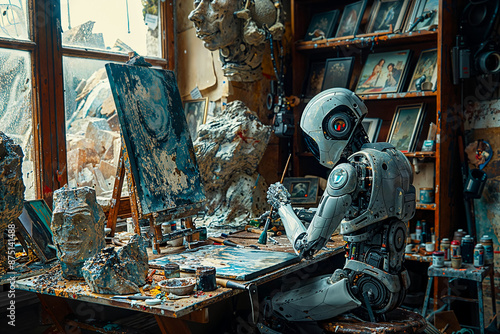 Robot Artist Creating in a Studio photo