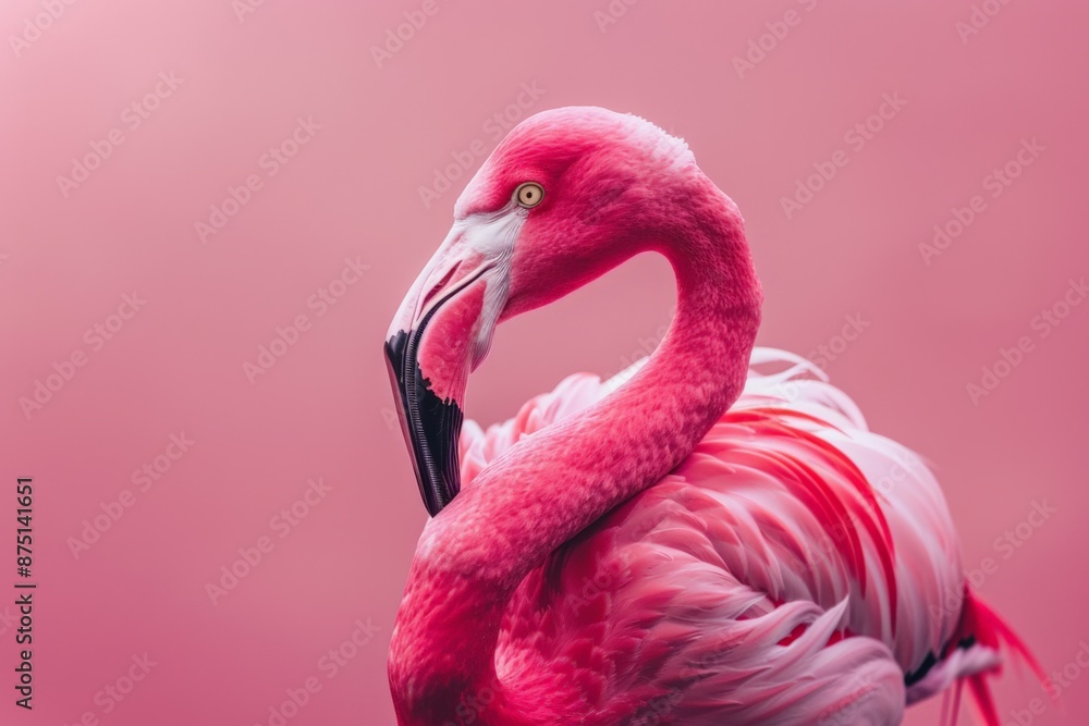 Fototapeta premium A striking flamingo stands gracefully against a pink background, showcasing its vibrant plumage.