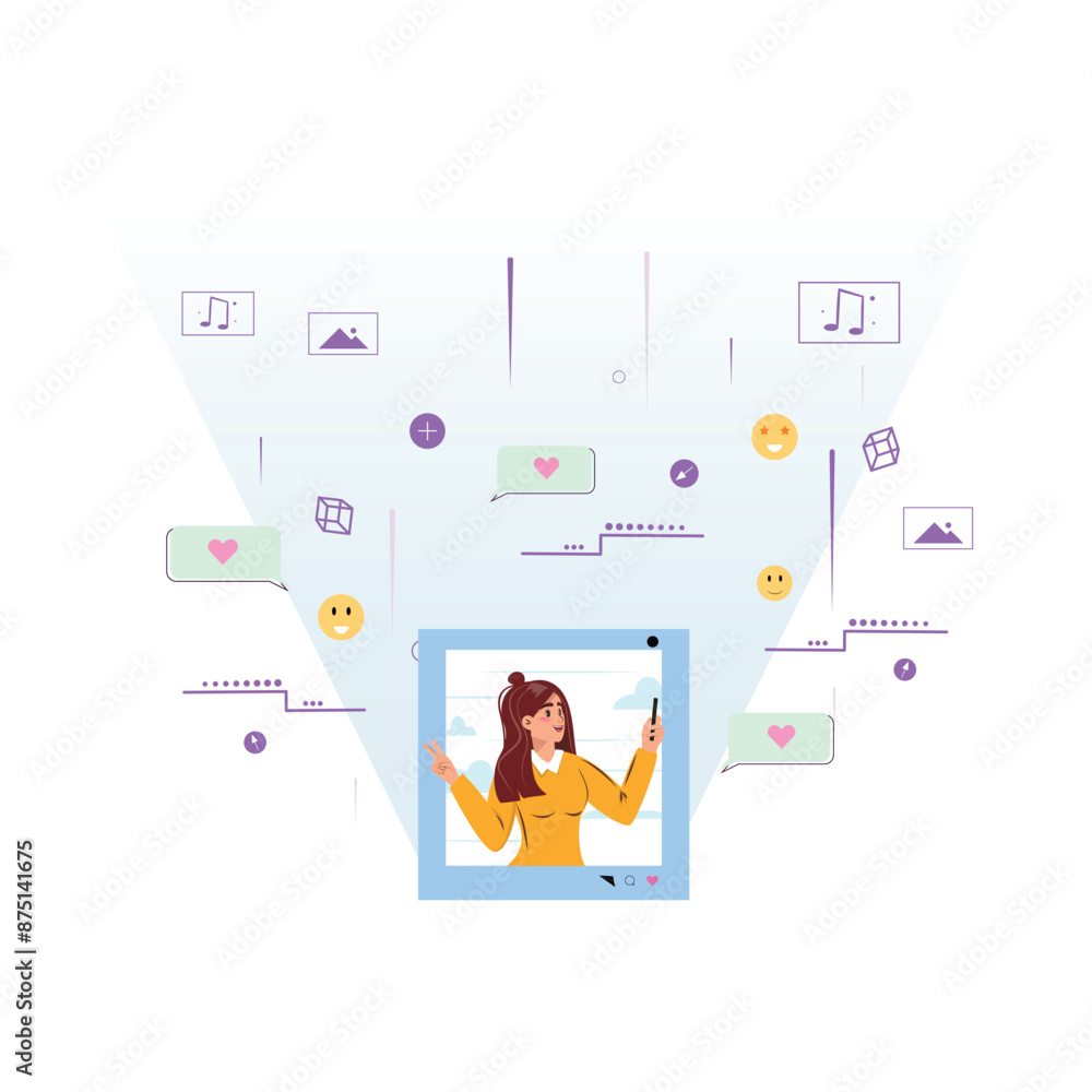 Young woman using a smartphone, shown inside a large digital interface with a gradient backdrop. The interface is surrounded by icons representing social interactions Young woman using a smartphone, shown inside a large digital interface with a gradient backdrop. The interface is surrounded by icons representing social interactions