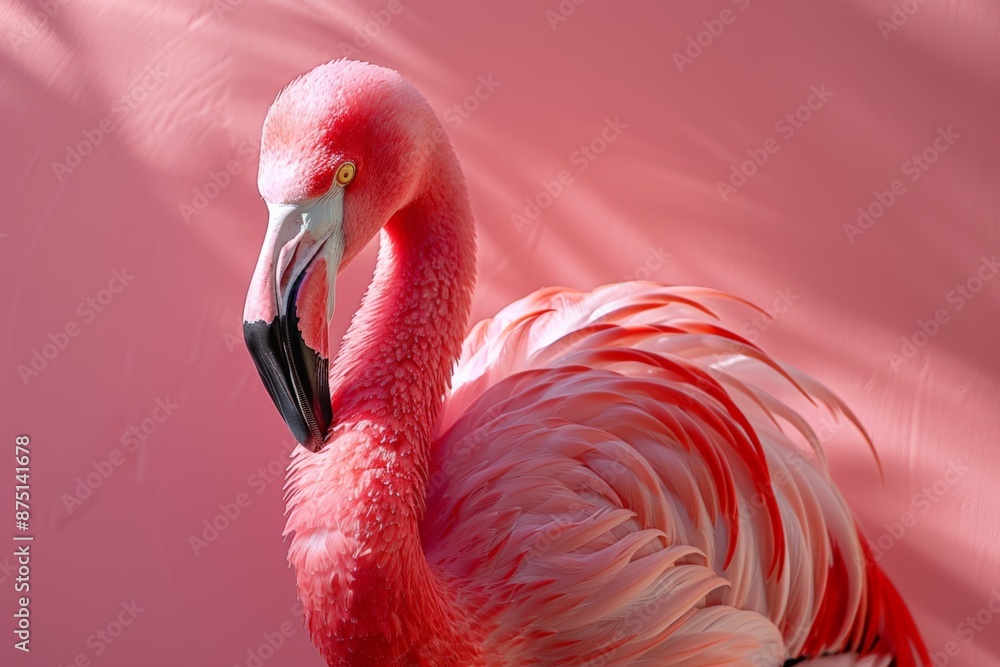 Obraz premium A striking flamingo stands gracefully against a pink background, showcasing its vibrant plumage.