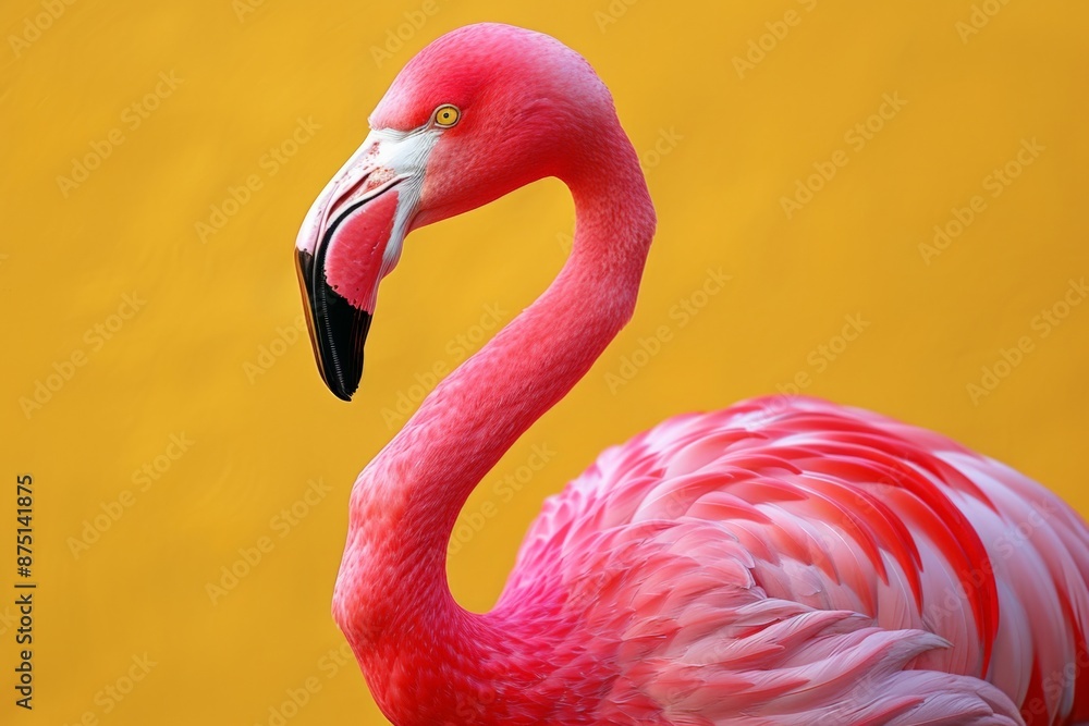 Fototapeta premium A striking flamingo stands gracefully against a pink background, showcasing its vibrant plumage.