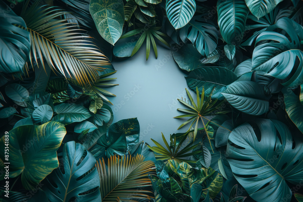 A pristine white paper circle with a vibrant array of tropical leaves around it, A pristine white paper circle with a vibrant array of tropical leaves around it,