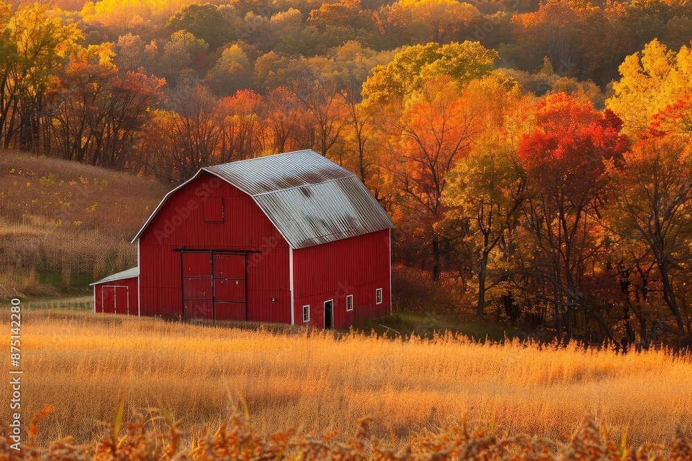 A picturesque red barn stands amidst golden fields and vibrant autumn foliage, capturing the essence of rural fall landscapes. A picturesque red barn stands amidst golden fields and vibrant autumn foliage, capturing the essence of rural fall landscapes.