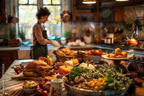 Cozy kitchen scene with a variety of Thanksgiving dishes and a person preparing food. Seasonal and festive autumn atmosphere.