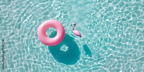 Aerial view of an inflatable pink flamingo floating in a shadow pool. Concept Aerial Photography, Inflatable Flamingo, Pool Reflection, Shadow Art, Summertime Leisure
