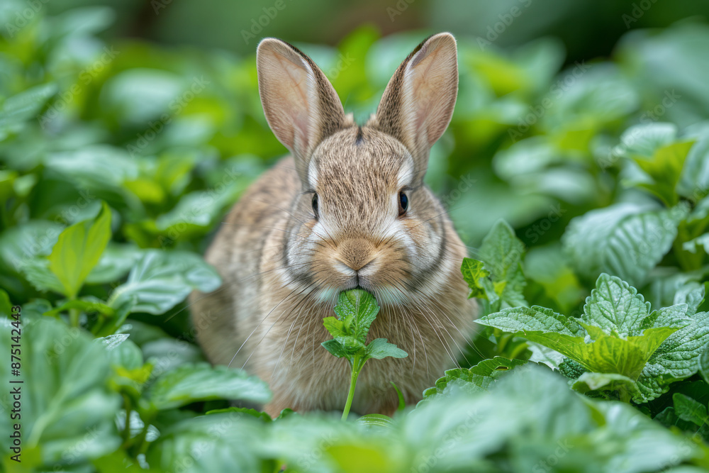 A bunny delighting in a handful of fresh herbs, A bunny delighting in a handful of fresh herbs,