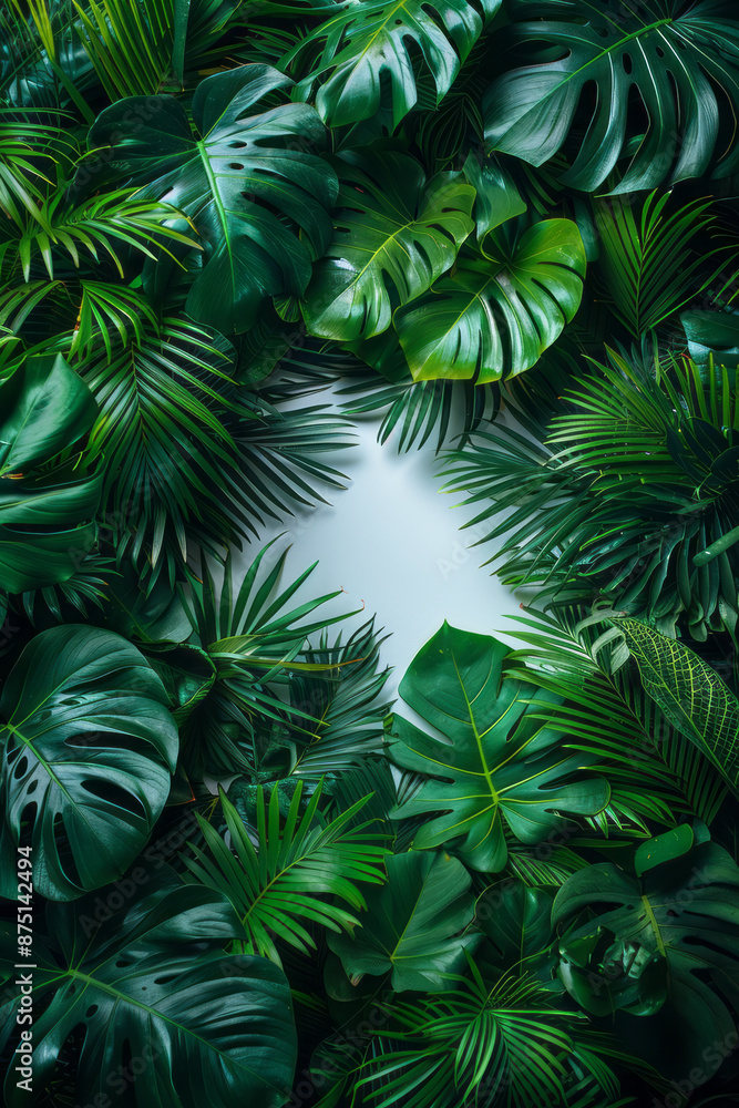 Tropical leaves encircling a pristine white paper circle, creating a natural frame, Tropical leaves encircling a pristine white paper circle, creating a natural frame,