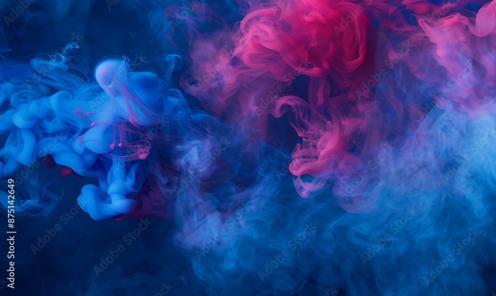 Mid-air twisting of deep blue and crimson smoke clouds generates an abstract, dynamic pattern with a touch of dust.. Mid-air twisting of deep blue and crimson smoke clouds generates an abstract, dynamic pattern with a touch of dust..