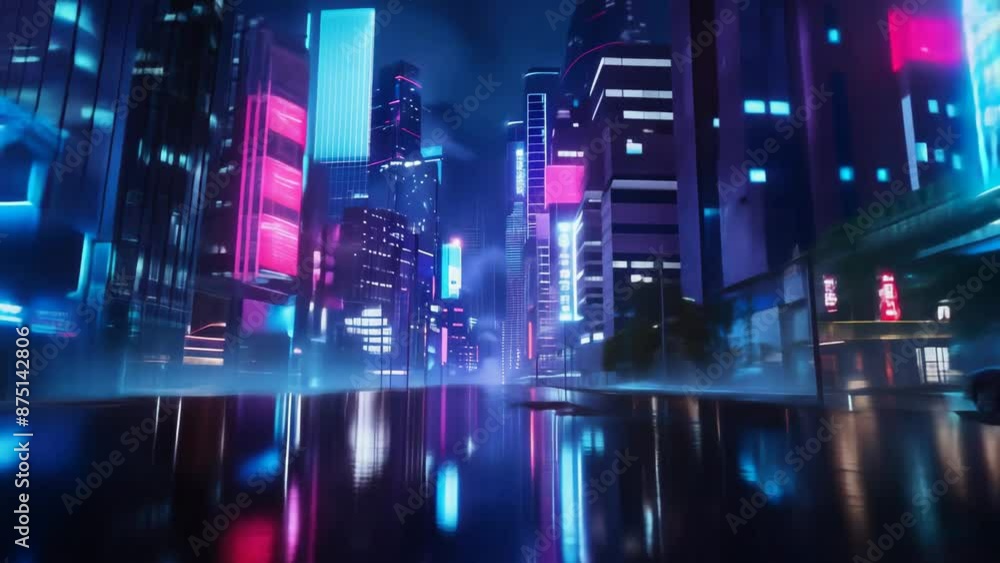 Futuristic cityscape with neon pink and blue lights and a sleek pathway Futuristic cityscape with neon pink and blue lights and a sleek pathway