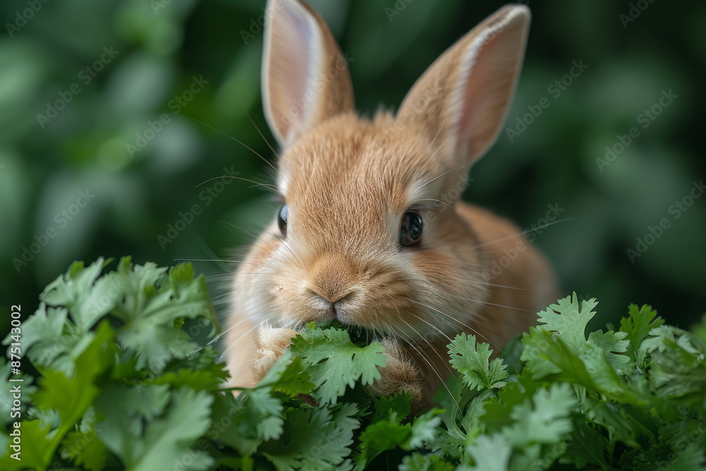 Fototapeta premium A cute bunny nibbling on a bunch of fresh cilantro,