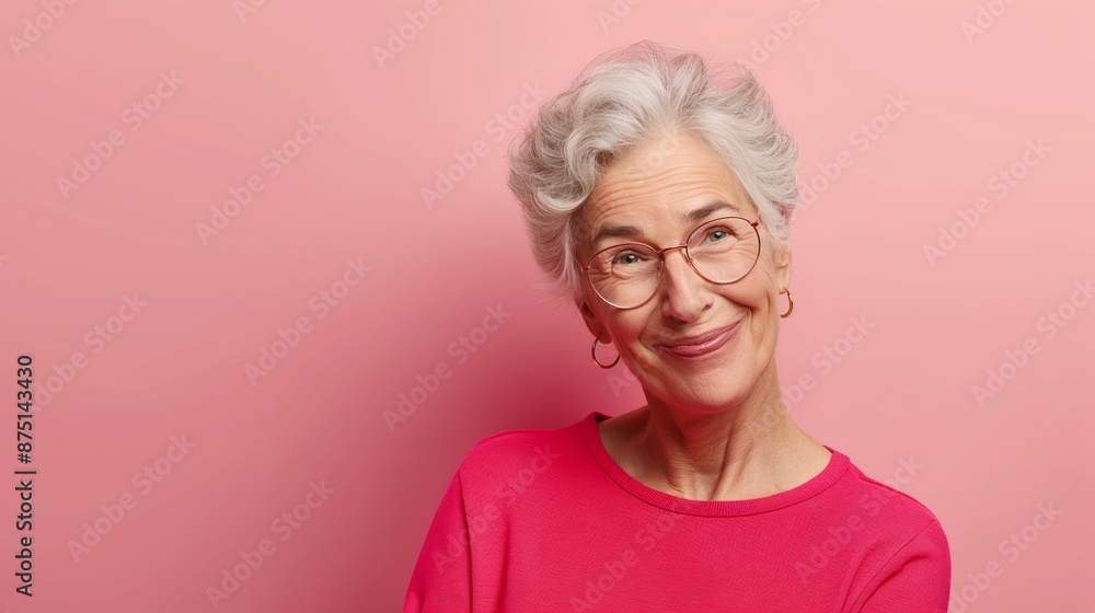 A woman in a pink shirt is smiling and wearing glasses. She is looking at the camera. Concept of warmth and happiness, as the woman is enjoying herself and posing for the camera A woman in a pink shirt is smiling and wearing glasses. She is looking at the camera. Concept of warmth and happiness, as the woman is enjoying herself and posing for the camera