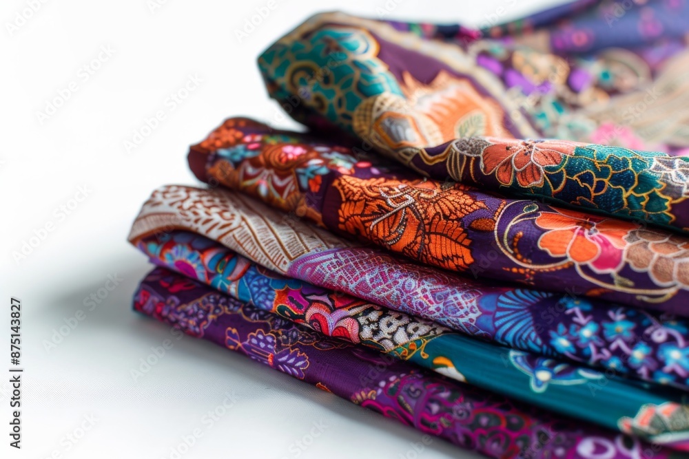 Intricate patterns and colors of traditional Indonesian batik fabric, commonly worn during Eid al-Fitr celebrations. The close-up shot showcases the fabric's detailed designs and textures. Intricate patterns and colors of traditional Indonesian batik fabric, commonly worn during Eid al-Fitr celebrations. The close-up shot showcases the fabric's detailed designs and textures.