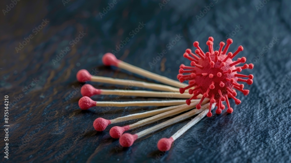 Model of Coronavirus Disease COVID 19 Virus on Dark Background Made from Plasticine and Matches Health Care and Disease Prevention Theme Model of Coronavirus Disease COVID 19 Virus on Dark Background Made from Plasticine and Matches Health Care and Disease Prevention Theme