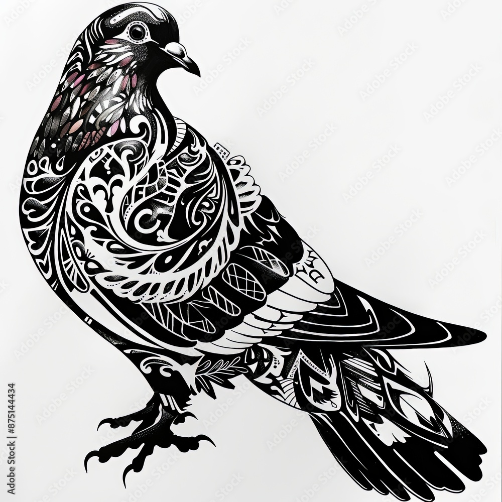 Obraz premium black and white ilustration of pigeon with fully tribal style illustration