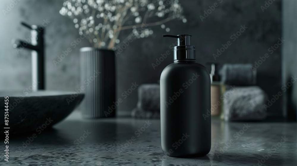 mock up of an empty black shampoo bottle kept on a bathroom counter, Ai generated Images mock up of an empty black shampoo bottle kept on a bathroom counter, Ai generated Images