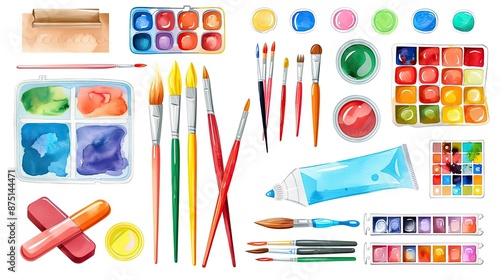 A colorful assortment of artist supplies including paints, brushes, and palettes. Perfect for creative projects and artistic inspiration.